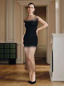 Anewsta 女式时尚漏斗领泡泡袖渐变色透视修身连衣裙，夏季 - 黑色 - 查看 6