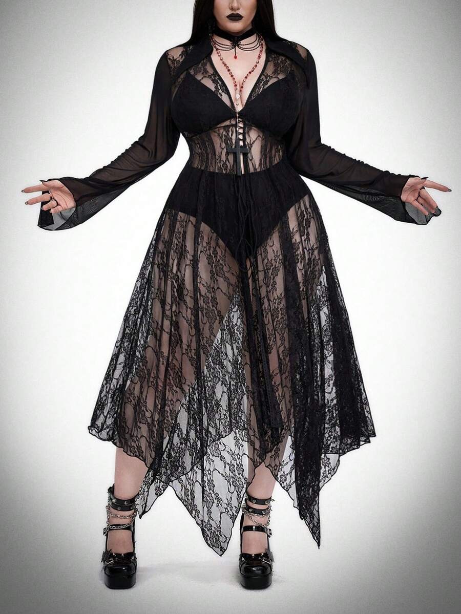 Whyspr Goth Punk Gothic Halloween Plus Size Lace Coats Fall Winter Cloth For Women - Black - View 1