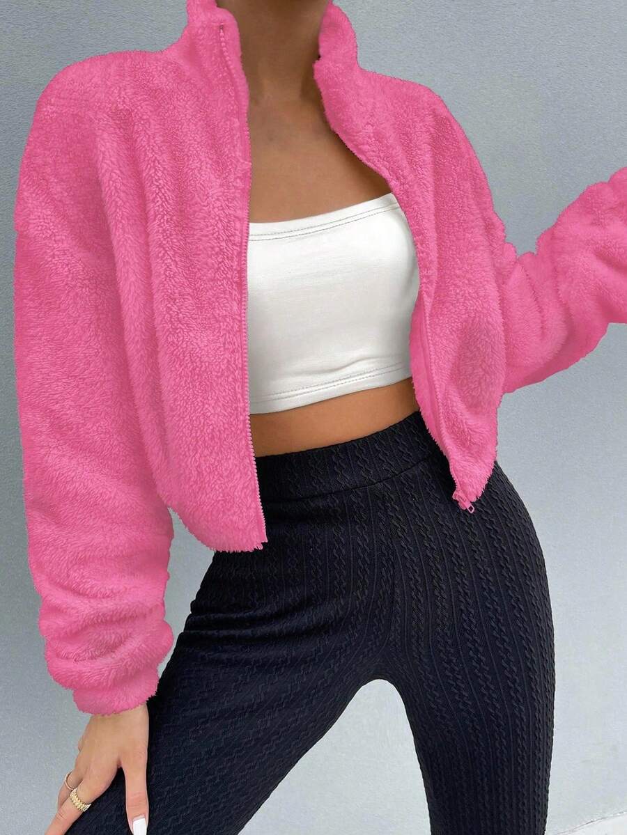 Chiquease 毛茸茸可爱个性加厚外套 - 玫紅色 - 查看 1