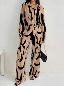 EMERY ROSE 女士法式优雅休闲通勤返校黑白几何花卉印花长袖两件套 - 彩色 - 查看 4