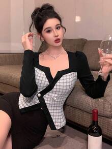 DAZY Áo cánh tay dài họa tiết kẻ caro đính nút kim loại bất đối xứng dành cho nữ, phù hợp cho tiệc tùng, đám cưới, xuân/hè/thu - màu đen - Xem 6