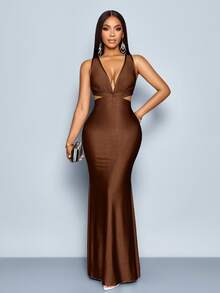 SOLERSUN Vestido largo elegante de mujer de unicolor con escote en V profundo, espalda descubierta y silueta ajustada de cola de pez - Café - Ver 4