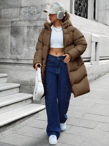 EURMUSE Zip Up Long Padded Coat With Hoodie Keeping Warm - Brown - View 3