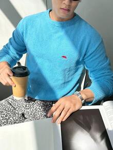 Manfinity VCAY Men's Casual Versatile Embroidered Detail Sweater, Autumn/Winter - Blue - View 4