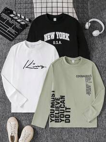 Vacaura 3 件套青少年男孩休闲字母印花圆领长袖 T 恤，适合秋冬季休闲、街头、通勤、分层穿着