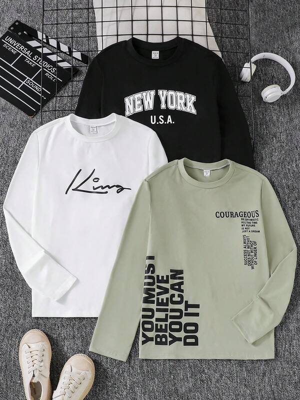 Set da 3 magliette a girocollo a maniche lunghe con stampa di lettere, adatte per il tempo libero, lo street style, gli spostamenti, da indossare a strati in autunno/inverno, per ragazzi adolescenti