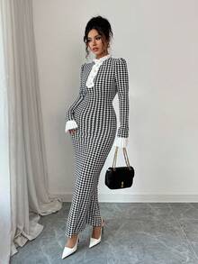 Rafferiza 法式优雅收腰赫本风格秋冬女装 秋季服装 黑白千鸟格外出女士秋冬优雅长裙 - 黑與白 - 查看 6