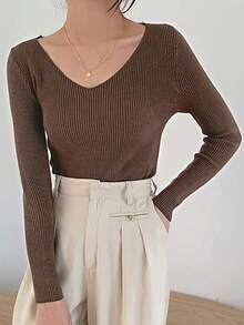 DAZY Women V-Neck Slim Fit Thin Long Sleeve Knit Sweater Fall/Winter
