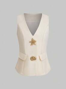 SHEIN LUNE Elegant Business Suit 2 Pieces Set: Vest And Pants - Apricot - View 4