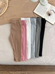 SHEIN LMoss Kids LMoss 6pcs/Set Baby Girl Cute Knitted Elastic Waist Solid Color Pants,Autumn/Winter Leggings Newborn Fall - Multicolor - View 3