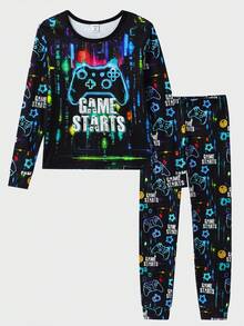 2 件套 Gamer Boy 霓虹灯印花圆领长袖上衣和裤子柔软弹力针织家居服套装 - 彩色 - 查看 3