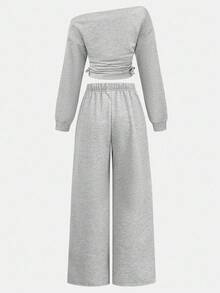 Girlism 青少年女孩春夏街头基本款休闲百搭运动时尚斜肩字母印花短腰褶皱运动衫上衣裤子返校服 - 灰色 - 查看 2