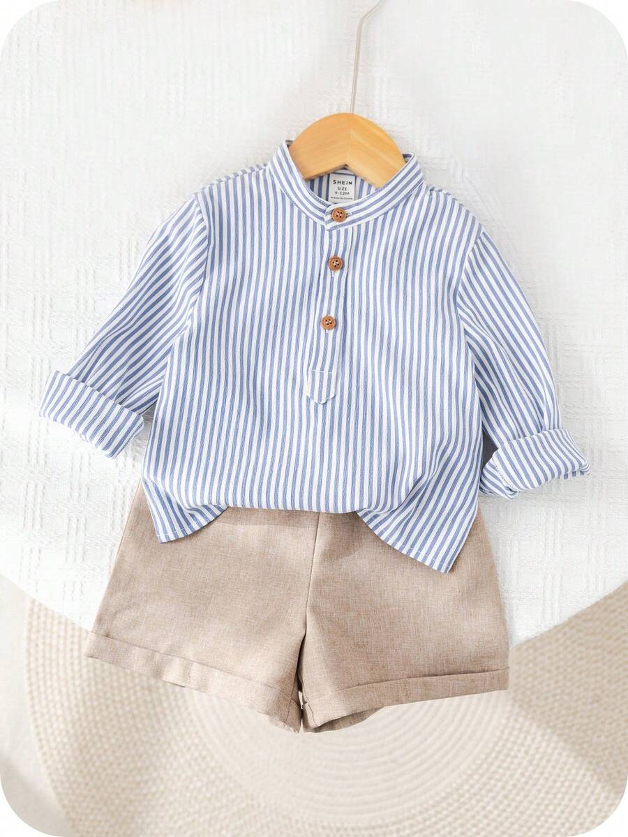 SHEIN 2 件套男婴休闲条纹长袖衬衫和短裤套装，可爱服装适合春夏季、生日派对、晚会、婚礼、婴儿洗礼、 1 岁生日庆祝活动 - 藍色 - 查看 1
