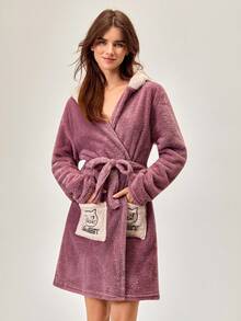 Loomlin Women's CAT Embroidery 3D Ear Design Hooded Belted Flannel Robe,Soft Fluffy Winter Robes For Women - Multicolor - View 5