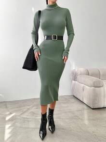 RueChic Của phụ nữ Màu thuần Cổ cao Đồ đan Ribbed Váy len bó sát , Không có Eo Thắt lưng - màu xanh lá - Xem 5