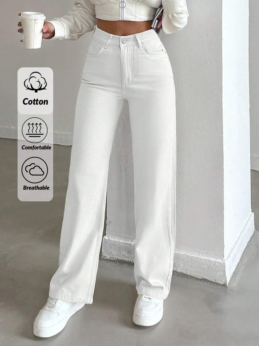 EURMUSE 100%Cotton Solid High Waist Straight Leg Jeans For Dailywear - White - View 1