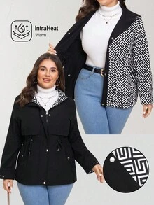 Comfylo Plus Size Hooded Drawstring Waist Casual Versatile Jacket Winter For Women Fall For Women Women's Winter Jacket Chic Women's Jacket Women's Winter Jacket Chic Women's Jacket Autumn Winter Zip Up Hoodie For Women Female Country Look Going Out Tops Going Out Winter - Black - View 1