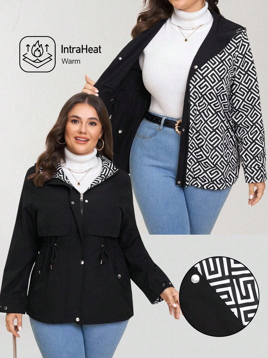 Comfylo Plus Size Hooded Drawstring Waist Casual Versatile Jacket Winter For Women Fall For Women Women's Winter Jacket Chic Women's Jacket Women's Winter Jacket Chic Women's Jacket Autumn Winter Zip Up Hoodie For Women Female Country Look Going Out Tops Going Out Winter - Black - View 1