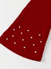 Elladie kids Girls' Casual Shirt Set, Khaki Bow Design, Beaded Knit Ribbed Fabric, White Long Sleeve Collared Ruffle Hem Blouse Top Paired With Khaki Pearl Flared Pants, 2pcs Set, Suitable For Back To School, Casual, Fashion, Sweet, Comfortable Outdoor Travel Outfit Fall Winter