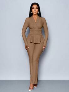 SOLERSUN Women's Apricot Color Elegant V Neck Long Sleeve T-Shirt And Wide Leg Pants Two Pieces Set,Asymmetrical Hem Two Pieces Outfits,Casual Daily Wear,Winter Clothes For Women Fall Cloth For Women - Brown - View 7