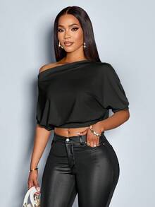 SOLERSUN Women's Solid Asymmetrical Neck Ruched Shoulder Tee - Black - View 6