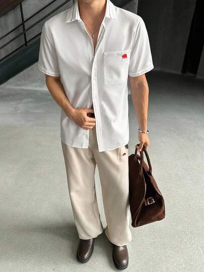 Manfinity VCAY Men's Summer Casual Versatile Embroidered Detail Shirt