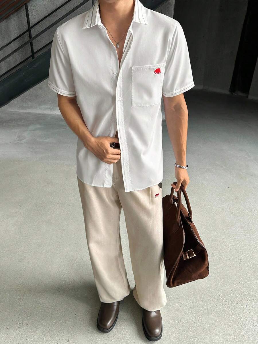 Manfinity VCAY Men's Summer Casual Versatile Embroidered Detail Shirt - Multicolor - View 1