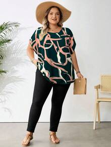SHEIN CURVE+ 大码女式休闲条纹几何图案宽松圆领衬衫，适合春夏季穿着，可用于海滩度假、海滩休闲、毕业典礼、下午茶聚会等场合。 - 彩色 - 查看 3