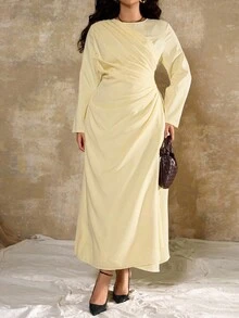 Roveilla 大码女式优雅正式办公室通勤休闲度假派对复古教师秋季中东风格纯色圆领腰部褶皱 A 字长袖超长连衣裙，浅黄色 - 黃色 - 查看 6