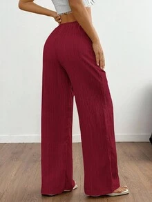 SHEIN Tall 女式纯色休闲宽松裤，带口袋，纹理面料，腰带 - 酒紅色 - 查看 2