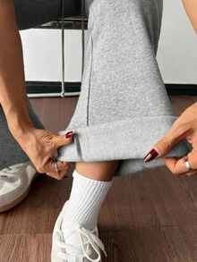 SHEIN PETITE 休闲低腰抽绳腰弹力运动裤喇叭裤运动裤保暖内衬复合绒适合秋冬季 - 淺灰色 - 查看 4