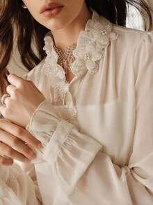 Savoree Women's Elegant Handmade Floral Collar Decorative Loose Lightweight Long Sleeve Shirt, Autumn Winter,Long Sleeve Tops