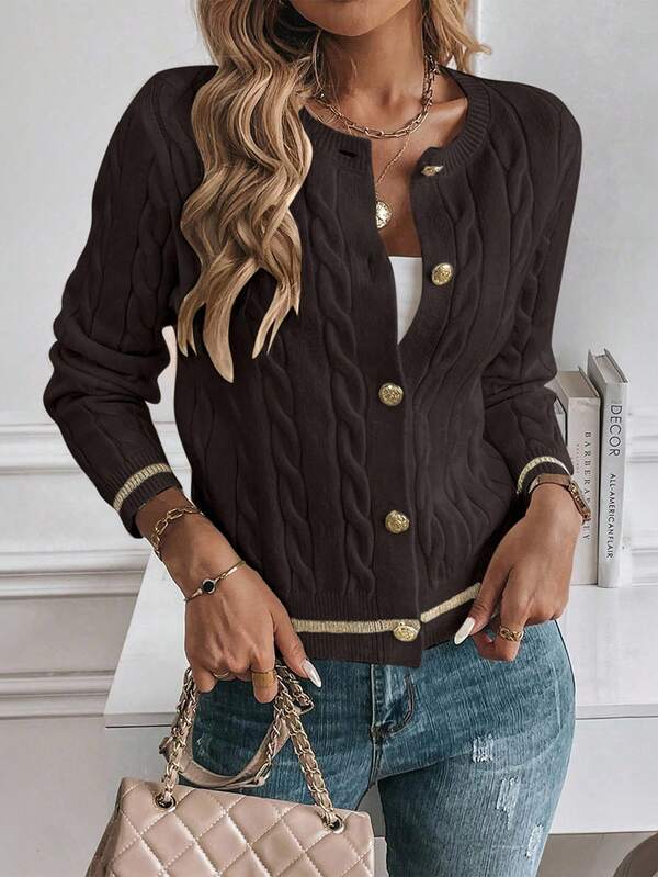 EMERY ROSE Cardigan lavorato a maglia a maniche lunghe con motivo a trecce, monopetto, da donna, per l'autunno