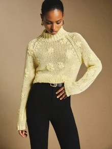 Poéselle 全新秋冬休闲甜美温柔气质可爱刺绣短款女式套头毛衣 - 黃色 - 查看 2