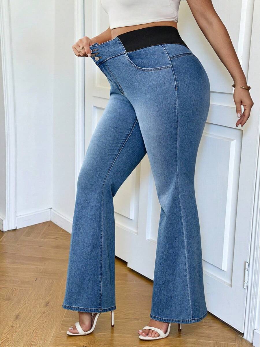 SHEIN Tall CURVE Plus Size Blue Summer Smart Casual Everyday Women's Slim Fit Flare Leg Jeans,Washed Denim Work Clothes For Teacher,Vintage Streetwear Modest Pants - Blue - View 1
