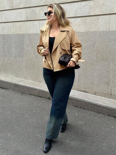 Auralis Plus Size Women's And Fashion Casual Loose Comfortable Daily Basic Versatile Classic Khaki Short Trench Coat,Simple Style,Coats Spring