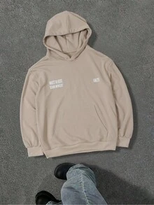 Manfinity Sudadera casual con gráfico de eslogan para hombres en otoño e invierno - Caqui - Ver 1