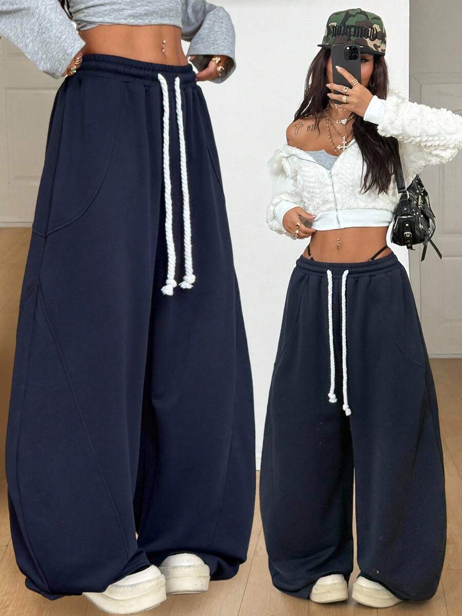 Coolane 女士夏季街头休闲装宽松松紧腰带舒适灰色弯刀裤 - 藏蓝色 - 查看 1