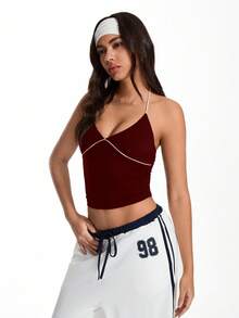 TRNVIE Áo ba lỗ hở vai phối viền tương phản cá tính dành cho nữ - Màu Đỏ Sâu - Xem 3