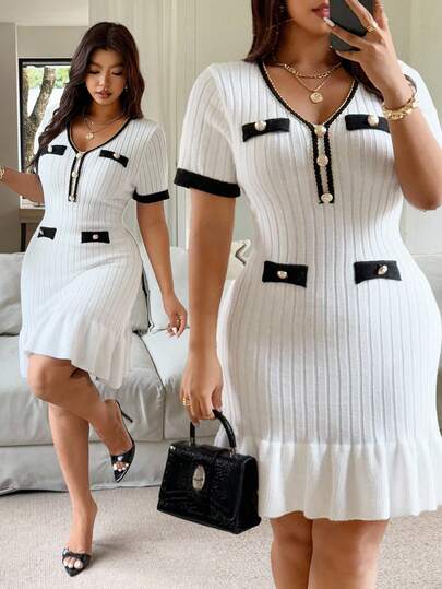 Vionelle Plus Size Women Retro Knit Short Sleeve Metal Button Waist Ruffle Hem Fit & Flare Dress, Elegant Fashion Casual Versatile Winter Fall Autumn