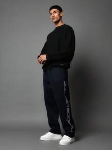 SUMWON Loungewear Essential Wide Leg Sweatpants Side Logo Print Drawstring Waist Soft Winter Cozy Pants Elastic Cuffs Street Style Urban Fashion Plain - Navy Blue - View 2