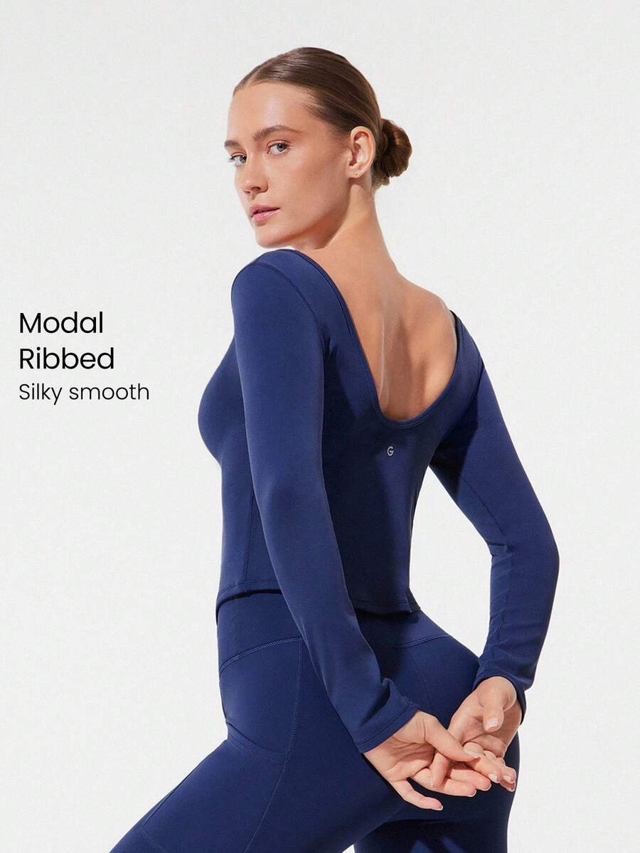 GLOWMODE Modal Ribbed Off-Shoulder Long Sleeve Low Impact Tee Daily Lounge Fall Winter