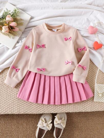 SHEIN Playful Pals Girls' Apricot Long Sleeve Textured Top And Pleated Skirt 2 Pieces Set, Cute Bow Decor, Fashionable For Spring/Autumn Girls 2pcs Pink Skirt Set Kids Pleated Skirt Sets Girl Clothes Autumn And Winter Clothes Autumn And Winter Young Girls Dressse Tween Girl Bow Knit Pink Sweater Fall