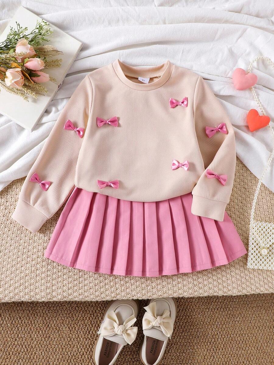 SHEIN Playful Pals Girls' Apricot Long Sleeve Textured Top And Pleated Skirt 2 Pieces Set, Cute Bow Decor, Fashionable For Spring/Autumn Girls 2pcs Pink Skirt Set Kids Pleated Skirt Sets Girl Clothes Autumn And Winter Clothes Autumn And Winter Young Girls Dressse Tween Girl Bow Knit Pink Sweater Fall