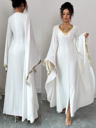 Rafferiza 1 件女士优雅亮片蕾丝拼布流苏装饰连衣裙，女士 V 领不对称下摆长裙，阿拉伯风格连衣裙，适合派对和日常穿着