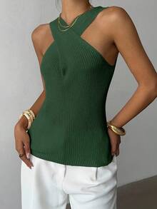 Selianne Top de punto minimalista con cuello cruzado, diseño de nicho casual - Verde - Ver 6