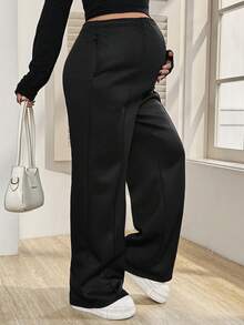 SHEIN 孕妇可调节腰部保暖内衬宽松休闲运动裤 - 黑色 - 查看 8