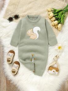 浅绿色婴幼儿可爱松鼠刺绣连体衣，圆领长袖休闲风格 - 橄欖綠 - 查看 5