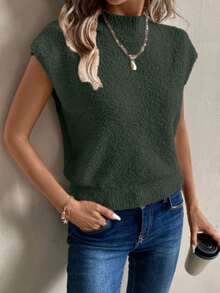 EMERY ROSE Autumn/Winter French Gentle Apricot Color Turtleneck Casual Asymmetric Fleece Sweater Vest, Suitable For Going Out And Attending Parties - Army Green - View 3