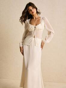 Poéselle 女士优雅半透明长袖衬衫和长裙两件套 - 香檳色 - 查看 1